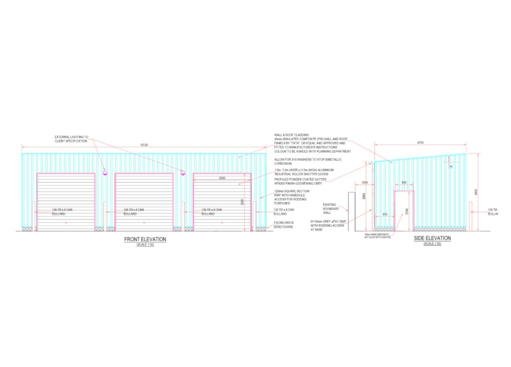 Proposed elevations drawing for an industrial storage building